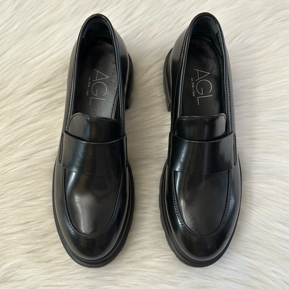 AGL Women’s IDA Platform Black Smooth Leather Loafers Size 37